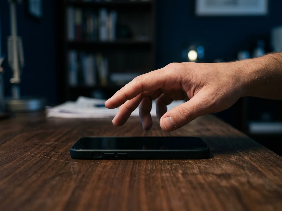 Mano sosteniendo el teléfono en un momento de pausa antes de reaccionar por impulso