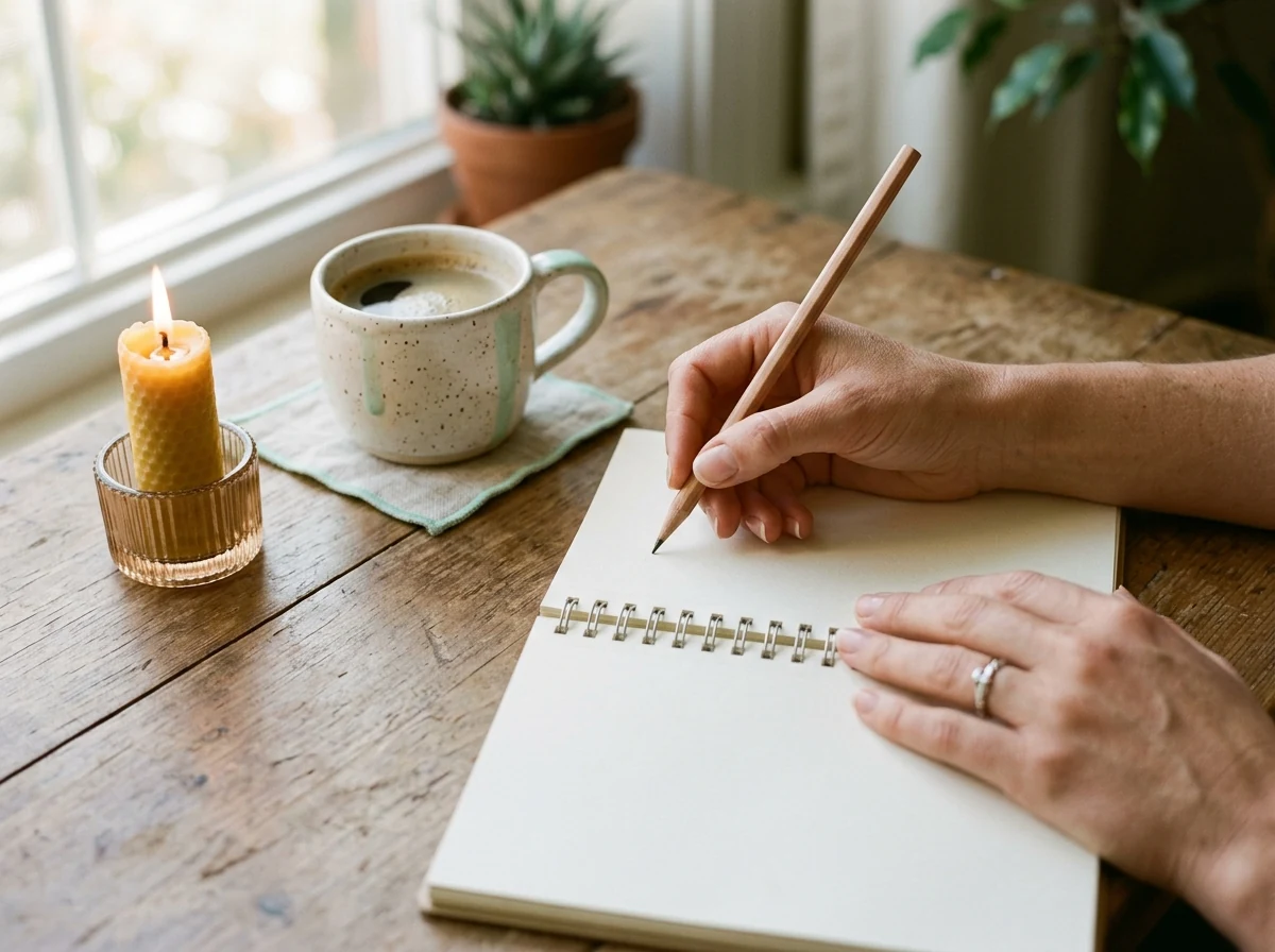 Manos escribiendo en un diario junto a una vela, práctica de introspección para el liderazgo consciente