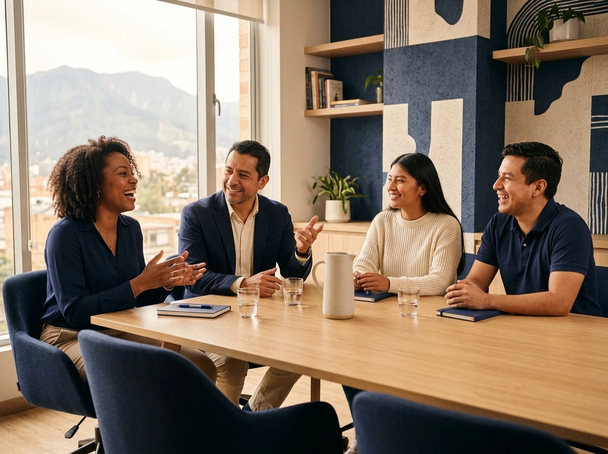 Equipo de trabajo reunido en una mesa liderado con conciencia