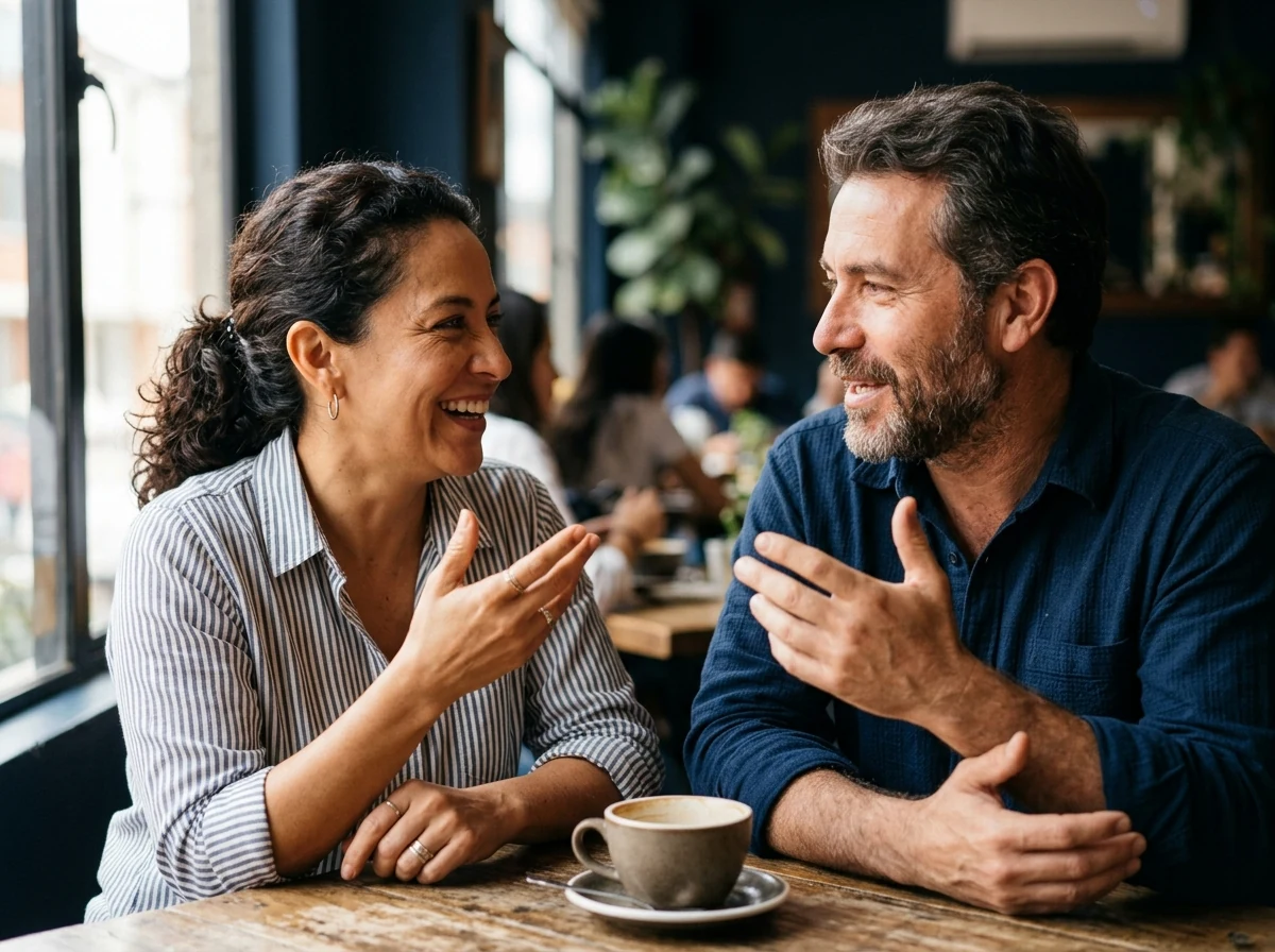 Conversación cercana entre mentora y mentee, manos en gesto de acompañamiento