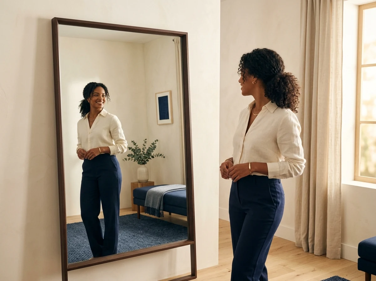 Mujer mirándose al espejo en un momento de reflexión sobre su proceso de transformación
