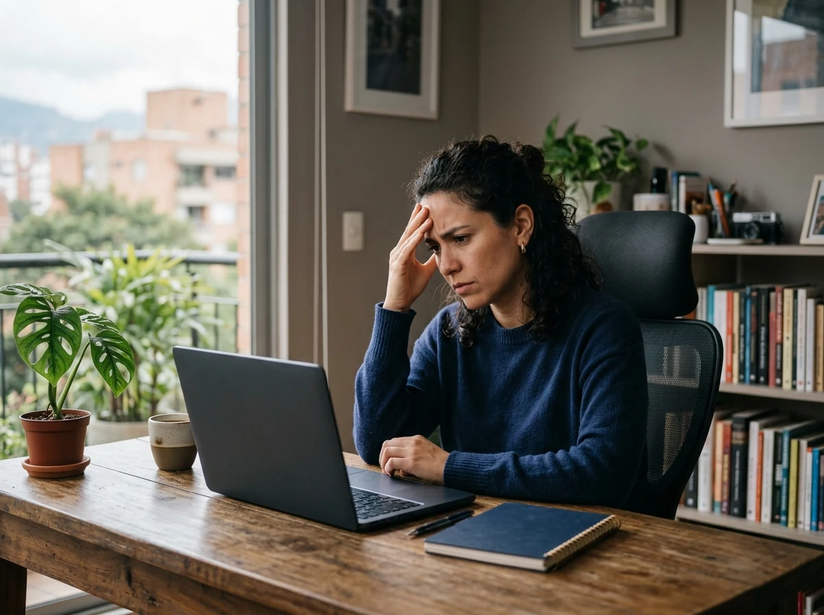 Mujer pensativa reflexionando sobre sus patrones financieros en la oficina