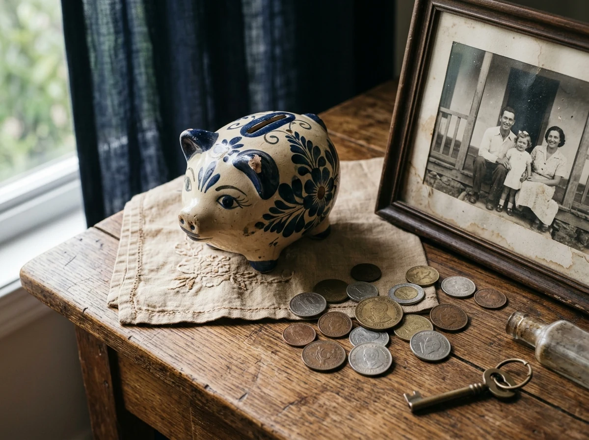 Alcancía antigua y monedas colombianas de distintas épocas junto a una fotografía familiar, símbolo de los patrones de dinero heredados en la infancia