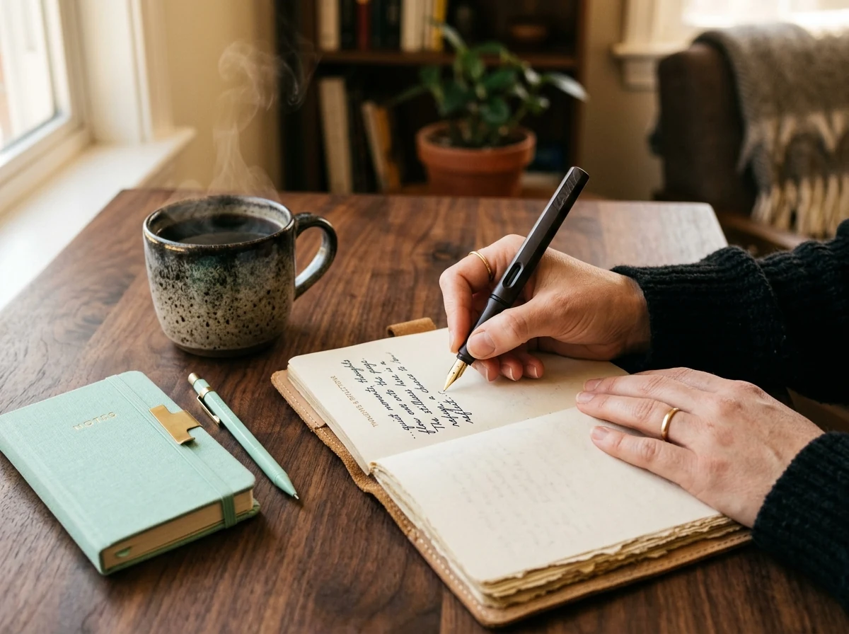 Manos escribiendo con pluma fuente en un diario financiero, ritual de introspección sobre la relación con el dinero