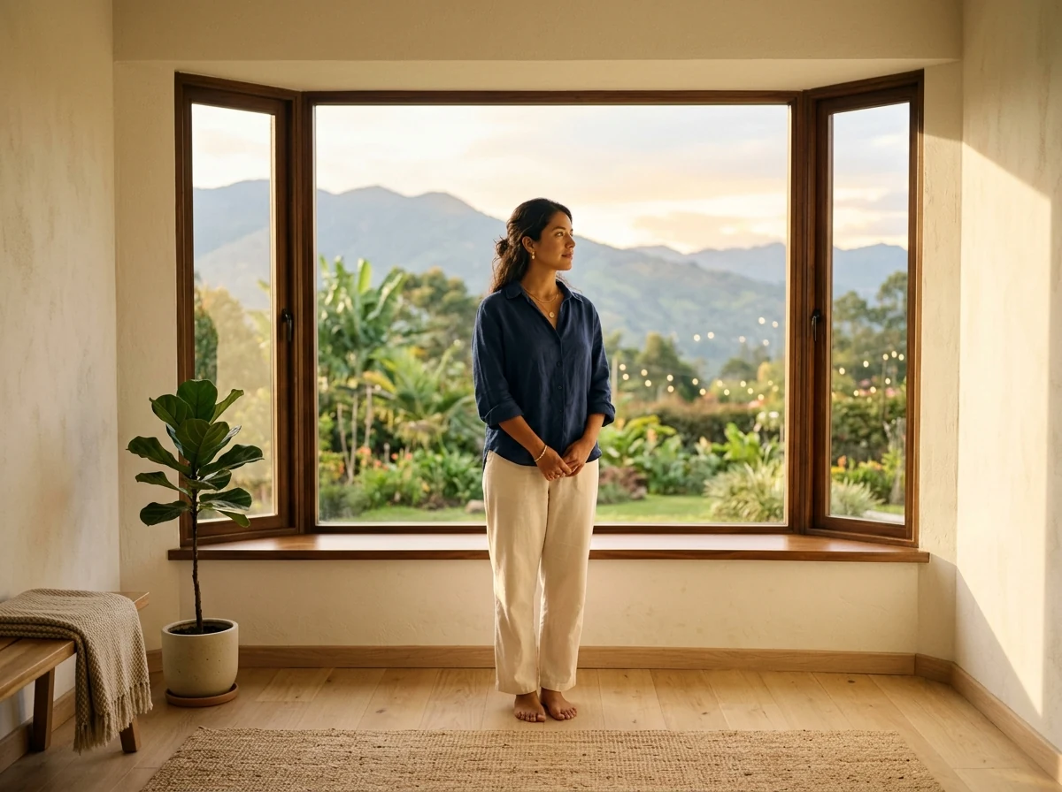 Mujer mirando por la ventana con expresión de calma, símbolo de la claridad después de transformar su relación con el dinero