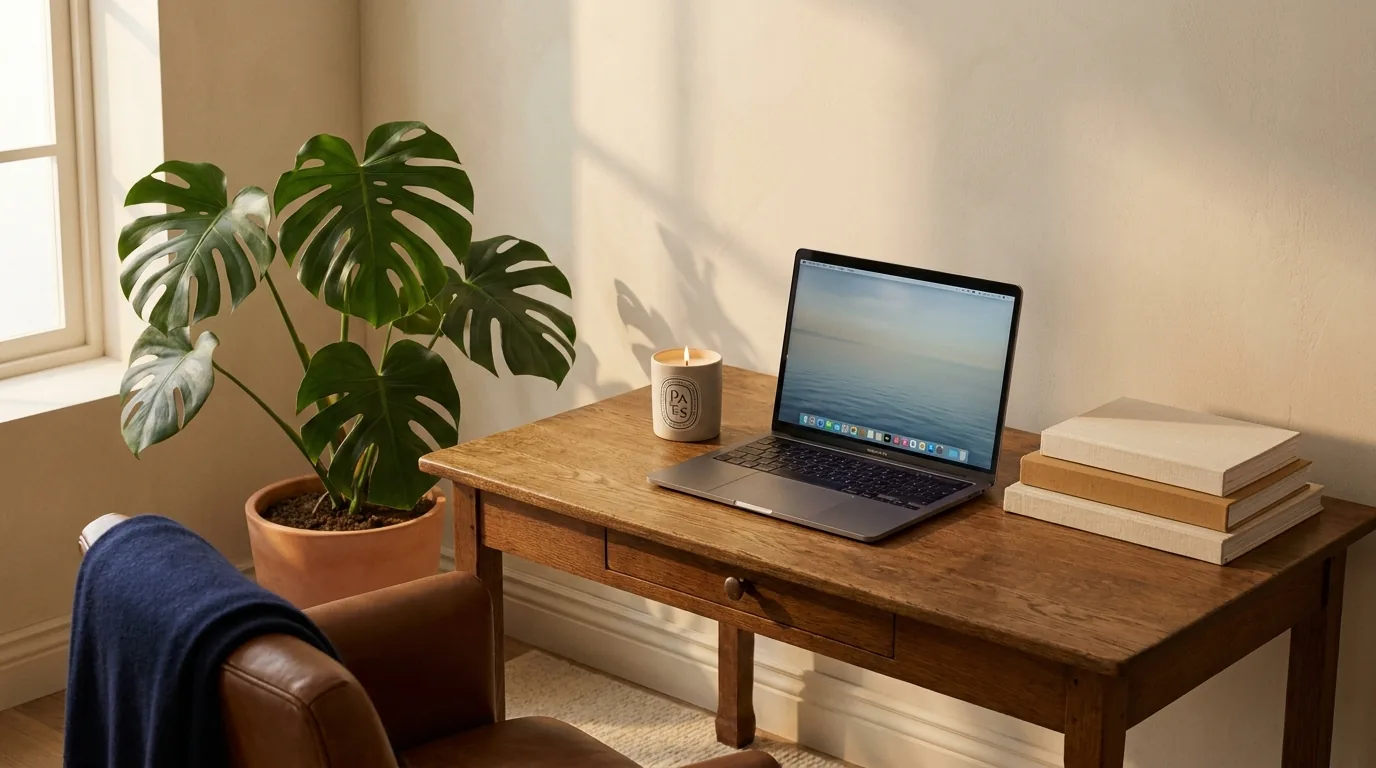 Rincón de trabajo tranquilo con un cuaderno abierto, una taza de café y luz natural, listo para revisar las cuentas personales
