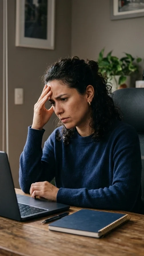 Mujer profesional con la mano en la frente frente a su computador, reconociendo el patrón financiero que la limita