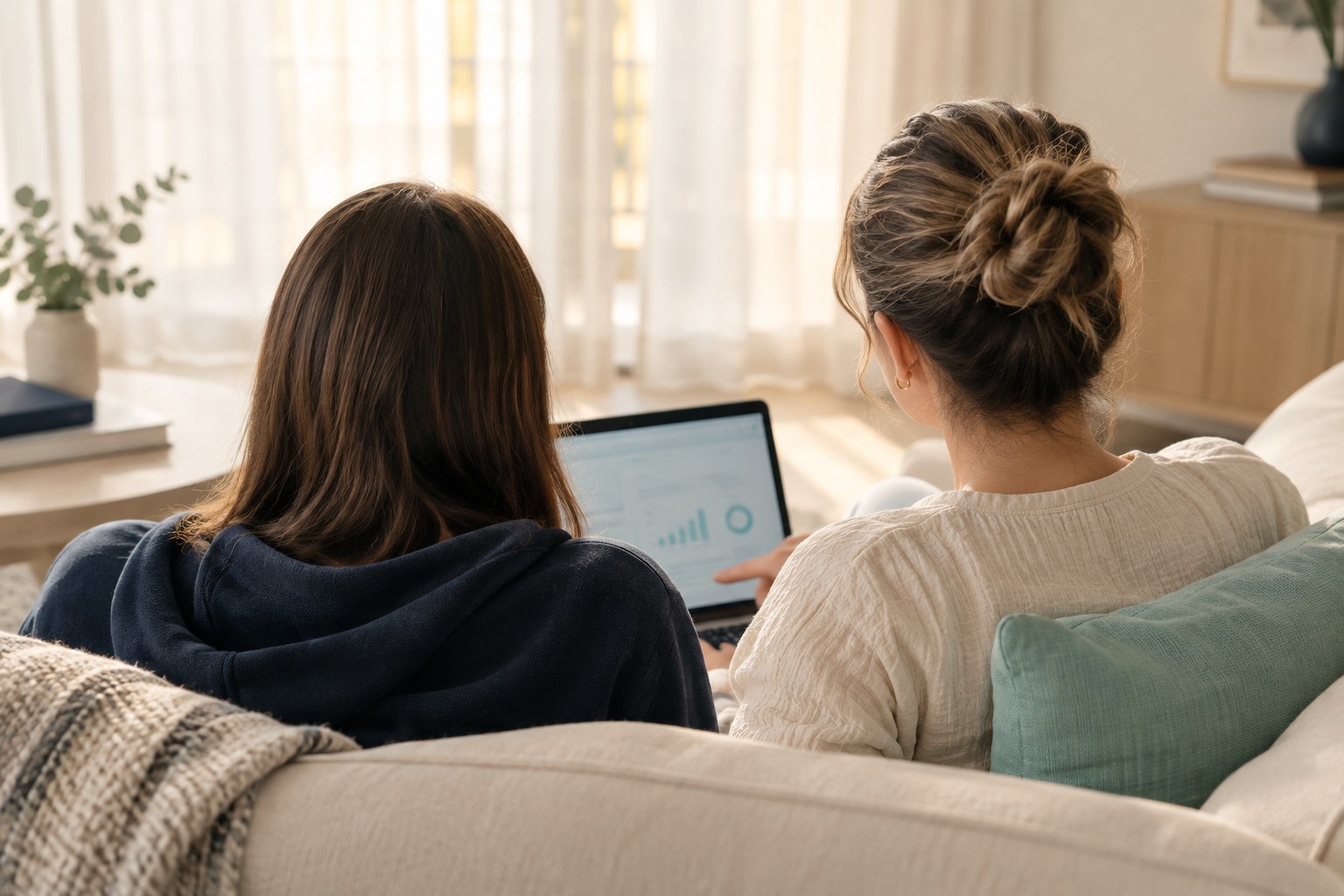 Madre y adolescente revisando juntas las finanzas de la familia en una mesa con cuaderno y calculadora